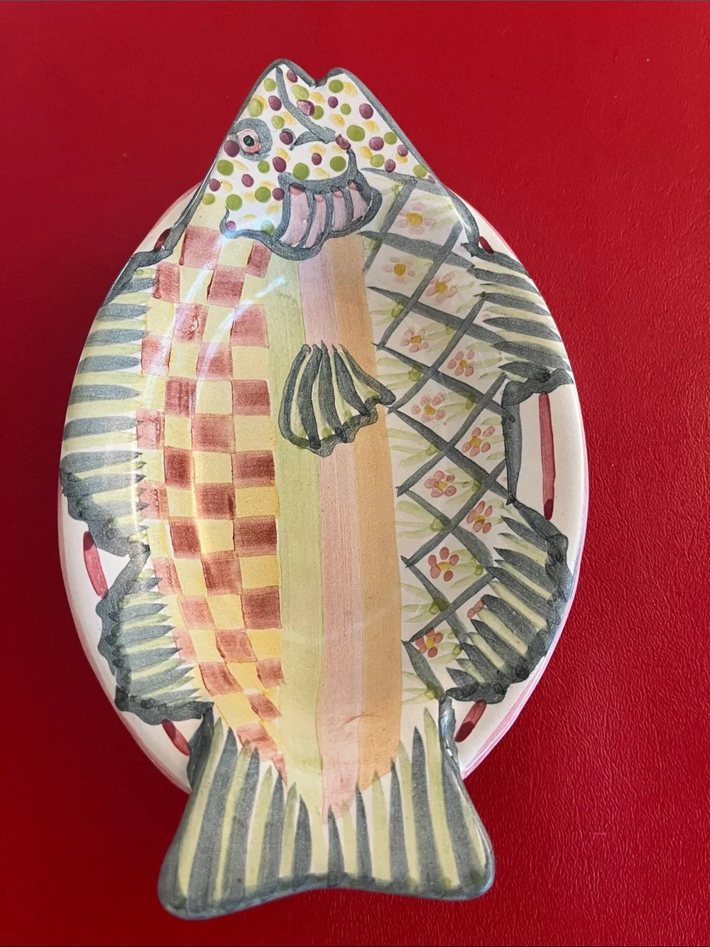Vintage 1983 MacKenzie-Childs Hand-Painted Fish Platter in Pastel Stripes